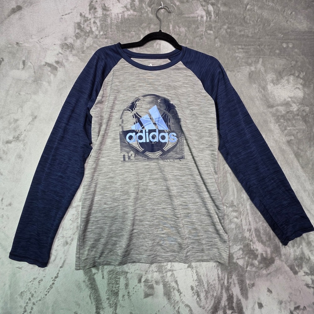 Adidas Kids XL 18/20 Soccer Graphic Long Sleeve Raglan Shirt Grey Navy Climalite